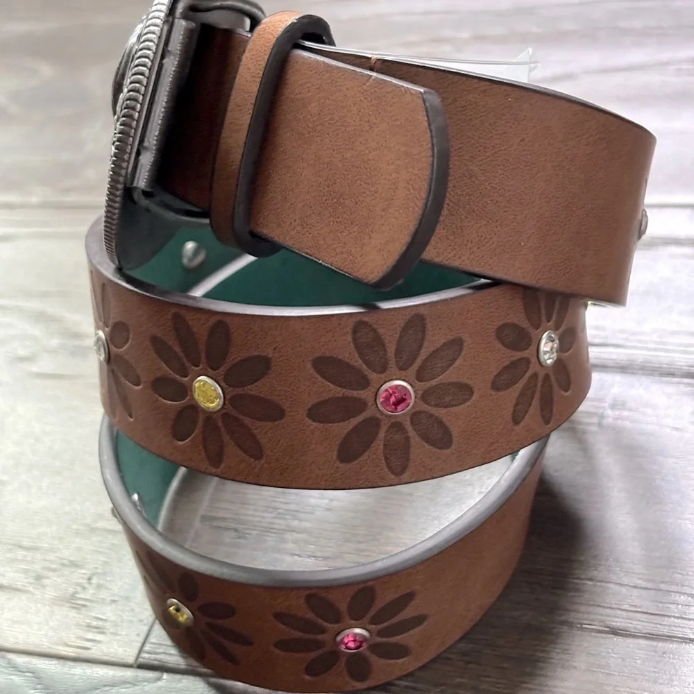 Catchfly Western Belt,Antique silver tone,Unicorn buckle,floral,rhinestones